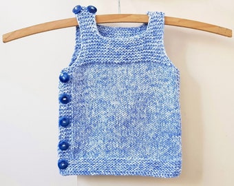 Buttoned baby vest, blue body warmer for boy to 3 months, cotton blend baby top, knit baby clothes