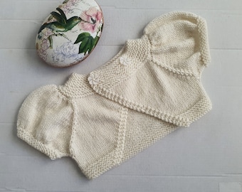 Between seasons cream merino wool bolero, cute cover-up over dress or top, girl 3 to 6 months, crossover front  shrug, hand knitted gift