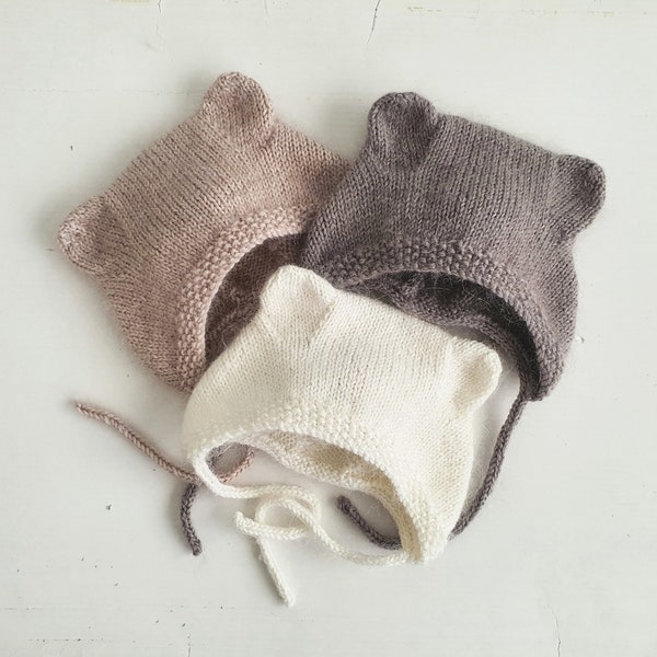 Knit baby bear newborn to 3m bonnet, choice 3 NEUTRAL colours, soft merino wool & mohair/silk photo prop, teddy ears hat, photography props