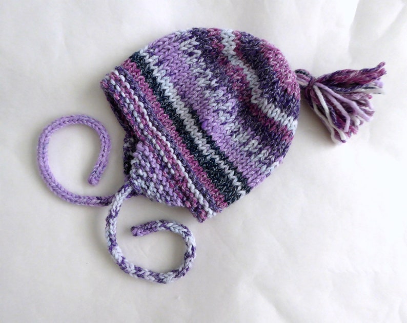 Girls earflap hat, Winter hats, choose colour 1 baby hat 6 12 months, hand knit baby girl hat, soft wool blend hat with ties and tassel 3. Purple, lilac