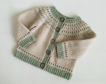 Gender neutral 6 months woollen hand knitted baby cardigan, beige and green merino wool sweater, handmade unisex baby knits, gift for baby