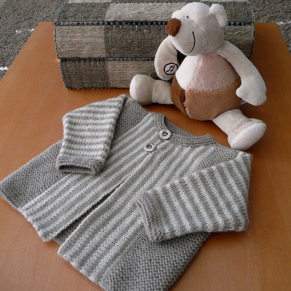 Stylish baby cardigan, about 3-6 m size, neutral colours, stripes, cuddly & soft, hand knitted