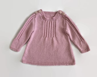 Pink cotton & merino tunic top for baby girl, smocked top, girl's sweater 9-12 months, woollen hand knitted buttoned pullover, knit baby top