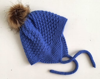 Royal blue earflap hat, fit child about 4 to 9 years. Warm NZ merino wool kids hat with earflaps, knitted Winter pom pom hat for boy or girl