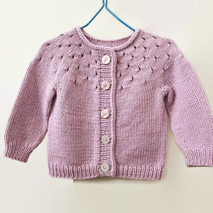 Hand knitted pink baby girl cardigan, merino wool baby sweater 3-6 months, with pretty eyelet lace yoke, handmade woollen baby girl knitwear