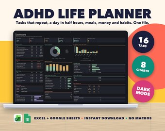 ADHD Life Planner Spreadsheet, Dark Mode Daily Planner, Recurring Tasks, Habit Budget Meal Fitness Tracker, Excel Google Sheets