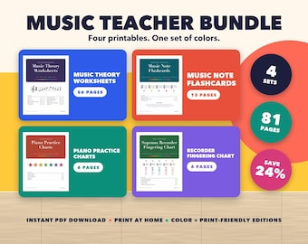 Paquete para profesores de música: Cuaderno de ejercicios de teoría del color, tarjetas didácticas, gráficos (conjunto en PDF)