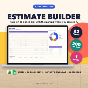 Construction Estimate Template, Contractor Bid Spreadsheet, Job Takeoff Calculator (Excel/Google Sheets)