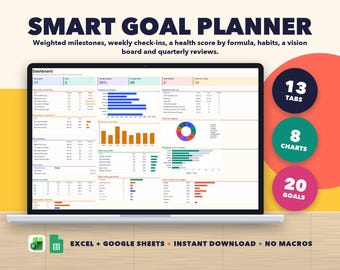 SMART Goal Planner Spreadsheet, Goal Tracker with Milestones, Weekly Check-ins, Habit Tracker, Vision Board, Google Sheets Excel