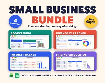 Paquete de hojas de cálculo para pequeñas empresas: contabilidad, inventario, facturación y precios (Excel/Google Sheets)