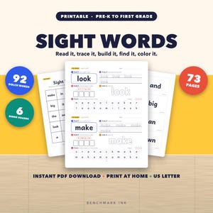 Puede incluir: Un conjunto educativo imprimible para preescolar y primer grado con 73 páginas de palabras visuales, 92 palabras Dolch y 6 tableros de bingo. Las hojas de trabajo incluyen secciones para leer, trazar, construir, buscar y colorear.