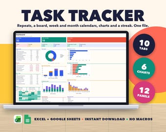 Task Tracker Spreadsheet, To Do List for Google Sheets and Excel, Recurring Tasks, Kanban Board, Weekly and Monthly Calendar, Streak