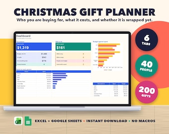 Hoja de cálculo para la lista de regalos de Navidad, planificador de presupuesto para las fiestas, registro de regalos para Excel y Google Sheets.