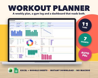 Workout Planner Spreadsheet, Gym Log With PR Tracker, Weight and Body Measurement Tracker, Fitness Dashboard, Excel Google Sheets