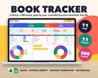 Book Tracker Spreadsheet, Reading Planner with TBR List, Reading Log, Goals and Bookshelf, Excel Google Sheets, Book Lover Gift