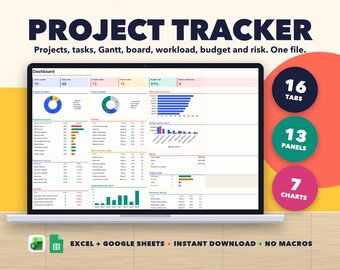 Project Management Tracker Spreadsheet, Gantt Chart, Kanban Board, Dashboard, Workload, Budget and Risk Log, Excel Google Sheets