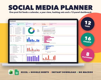 Social Media Content Planner Spreadsheet, Content Calendar for Instagram TikTok Pinterest YouTube, Excel Google Sheets Post Tracker
