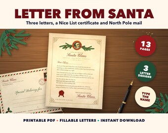 Kit imprimible de carta de Papá Noel, carta de Papá Noel editable en PDF, certificado de la lista de niños buenos, sobre del Polo Norte, etiquetas de comida para renos.