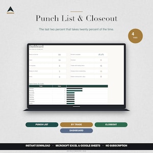 May include: A digital dashboard interface for Punch List & Closeout tracking displayed on a laptop screen. The layout includes data tables for items, trade categories, and progress metrics, with navigation buttons for Punch List, By Trade, and Closeout.