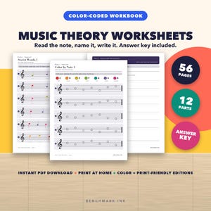 Cahier d'exercices de théorie musicale par les couleurs, 56 pages à imprimer, Boomwhacker Colors, corrigé (PDF)