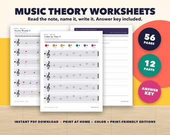 Cuaderno de ejercicios de teoría musical del color, 56 páginas imprimibles, Boomwhacker Colors, clave de respuestas (PDF)