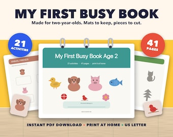 Libro de actividades para niños de 2 años, libro de actividades imprimible para niños pequeños, 21 actividades, carpeta de aprendizaje Montessori, libro tranquilo en PDF