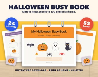 Libro de actividades de Halloween para imprimir, 24 actividades para niños pequeños, carpeta de aprendizaje de Halloween para preescolares, libro tranquilo en PDF