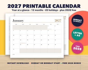 Calendario imprimible 2027, calendario mensual minimalista con festivos de EE. UU., inicio en domingo o lunes, tamaño carta y A4, extra 2028.