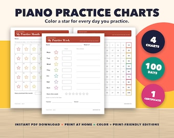 Tablas de práctica de piano, registro semanal y mensual de 100 días, certificado (descarga en PDF)