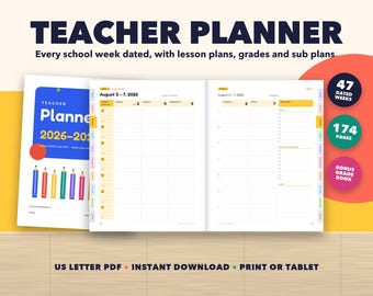 Teacher Planner 2026-2027 Printable, Dated Weekly Lesson Plans, Gradebook, Attendance, Sub Plans, IEP Tracker, Letter PDF + Excel