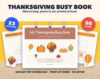 Libro de actividades imprimible para el Día de Acción de Gracias, 23 actividades para niños pequeños, carpeta de aprendizaje de otoño para preescolares, libro tranquilo en PDF