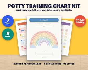 Tabla imprimible para el entrenamiento para ir al baño, tabla de recompensas con pegatinas de arcoíris, guía visual de los pasos para ir al baño, certificado para niños pequeños en PDF.