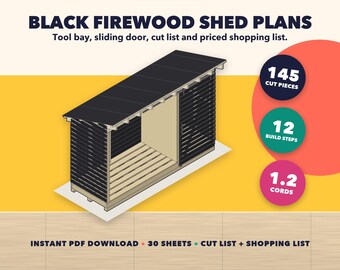 Planos para cobertizo de leña moderno de color negro de 4x12 pies, almacén de madera negro mate con compartimento para herramientas y puerta corrediza tipo granero, lista de cortes, 30 hojas (PDF)
