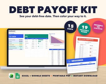 Debt Snowball Spreadsheet and Cash Envelope Printables, Debt Payoff Tracker, Savings Challenges, Excel and Google Sheets