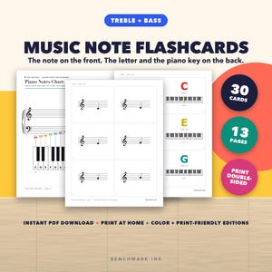 Music Note Flashcards, Treble Bass Clef, Piano Notes Chart (PDF Download)
