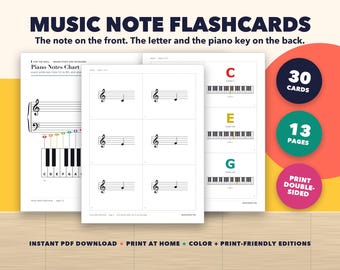 Tarjetas didácticas de notas musicales, clave de sol y clave de fa, tabla de notas de piano (descarga en PDF)