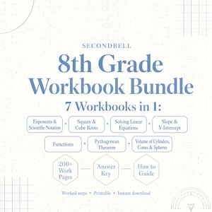 May include: A digital educational resource titled Secondbell 8th Grade Workbook Bundle, 7 Workbooks in 1. It lists topics including Exponents, Square & Cube Roots, Linear Equations, Slope, Functions, Pythagorean Theorem, and Volume of Cylinders.