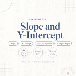 May include: A digital educational document titled SECONDBELL Slope and Y-Intercept. It features sections for Slope, Y-Intercept, Write the Equation, and Compare Slopes, plus 30+ Work Pages, an Answer Key, and a How to Guide with text.