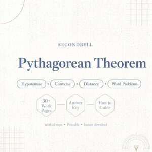 Könnte beinhalten: Ein digitales Bildungsdokument mit dem Titel SECONDBELL Pythagorean Theorem. Es enthält Abschnitte für Hypotenuse, Converse, Distance und Word Problems sowie 30+ Work Pages, einen Answer Key und einen How to Guide mit ausgearbeiteten Schritten.