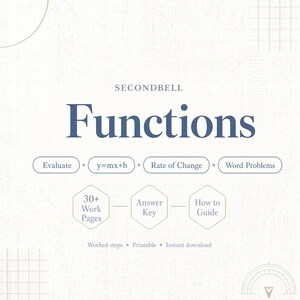May include: A digital educational document titled SECONDBELL Functions. It lists topics including Evaluate, y=mx+b, Rate of Change, and Word Problems. It features sections for 30+ Work Pages, Answer Key, and How to Guide, with text noting Worked steps, Printable, and Instant download.