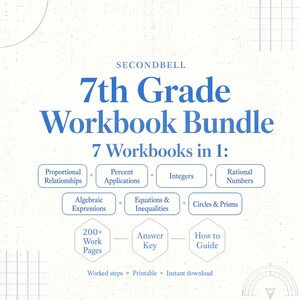 Op de afbeelding: Een Secondbell 7th Grade Workbook Bundle met 7 werkboeken in 1. Onderwerpen zijn onder meer evenredige relaties, procentuele toepassingen, gehele getallen, rationale getallen, algebraïsche uitdrukkingen, vergelijkingen & ongelijkheden en cirkels & prisma's.