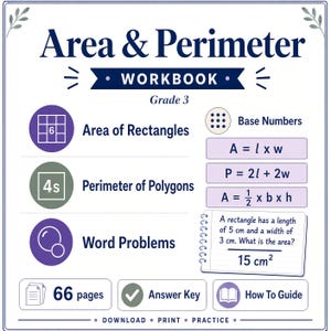 May include: An Area & Perimeter workbook for Grade 3 featuring sections on Area of Rectangles, Perimeter of Polygons, and Word Problems. It includes formulas for area and perimeter, a sample problem with 5 cm and 3 cm dimensions, 66 pages, an answer key, and a how-to guide.