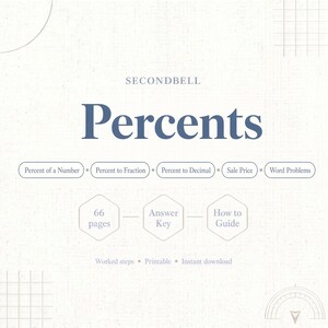 May include: A digital educational document titled "SECONDBELL Percents" featuring topics like Percent of a Number, Percent to Fraction, Percent to Decimal, Sale Price, and Word Problems. It includes 66 pages, an answer key, and a how-to guide.