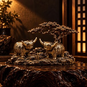 May include: A bronze-toned decorative sculpture featuring two Highland cattle figures standing on a textured rocky base beneath a small, detailed tree. The figures have long, shaggy hair and curved horns, with a metallic finish and dark highlights.