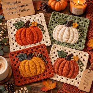 May include: Four square crochet motifs featuring 3D pumpkins in orange, white, and yellow, each with a green leaf, brown stem, and small yellow flower. A wooden sign reads Pumpkin Granny Square Crochet Pattern and a tag reads Crochet More Cozy Days.