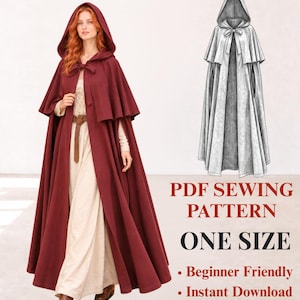 May include: A floor-length, deep red hooded cloak with a front tie closure. Beside it is a black and white sketch of the cloak. The text reads: PDF SEWING PATTERN, ONE SIZE, Beginner Friendly, Instant Download. The cloak is worn over a beige dress.