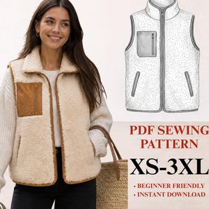 Può includere: Un gilet in pile sherpa color crema con tasca sul petto con cerniera marrone e bordini marroni. L'immagine include un disegno tecnico del gilet, il testo PDF SEWING PATTERN, le taglie XS-3XL e il testo BEGINNER FRIENDLY INSTANT DOWNLOAD.
