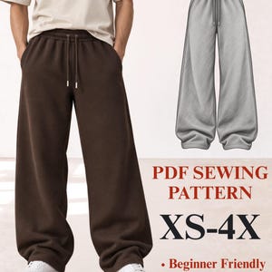 May include: Dark brown wide-leg sweatpants with an elastic waistband and drawstring, paired with a technical sketch of the same pants. Text reads: PDF SEWING PATTERN, XS-4X, Beginner Friendly, Instant Download.