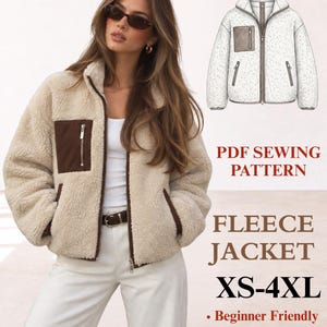 May include: A beige fleece jacket with a brown chest pocket, brown trim, and a front zipper. The image includes a technical sketch of the jacket and text that reads: PDF SEWING PATTERN, FLEECE JACKET, XS-4XL, Beginner Friendly, Instant Download.