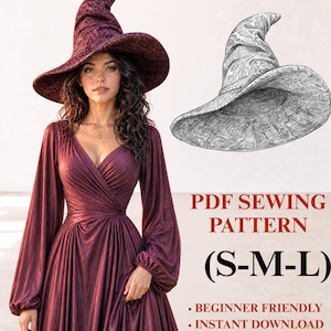 Könnte beinhalten: Ein tiefburgunderfarbenes Kleid mit langen Ärmeln, Wickeloberteil und passendem spitzem Hut mit breiter Krempe. Das Bild enthält eine schwarz-weiße Skizze des Hutes, den Text PDF SEWING PATTERN (S-M-L), BEGINNER FRIENDLY und INSTANT DOWNLOAD.
